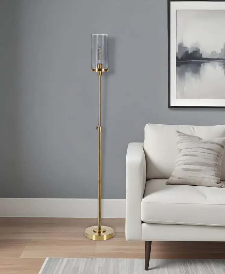 66" Brass Adjustable Torchiere Floor Lamp With Clear Glass Cylinder Shade