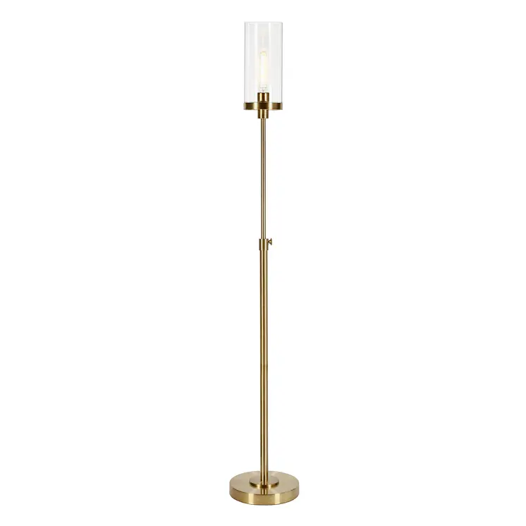66" Brass Adjustable Torchiere Floor Lamp With Clear Glass Cylinder Shade