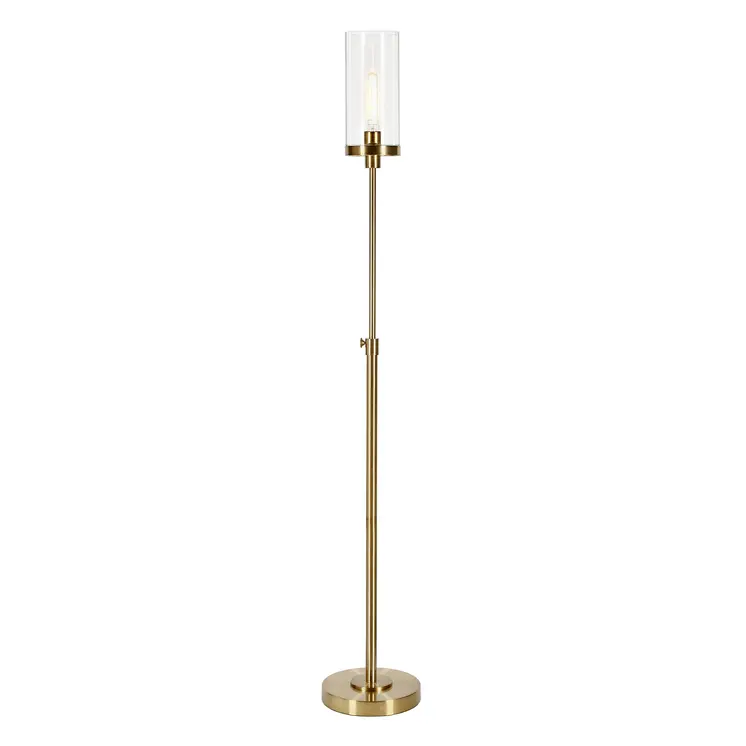 66" Brass Adjustable Torchiere Floor Lamp With Clear Glass Cylinder Shade
