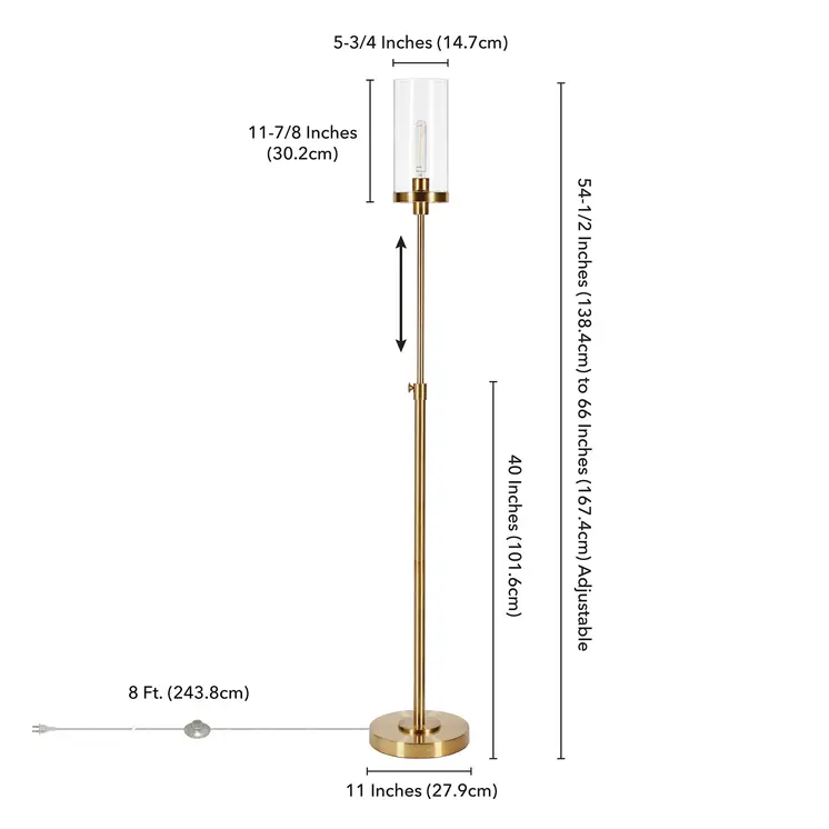 66" Brass Adjustable Torchiere Floor Lamp With Clear Glass Cylinder Shade