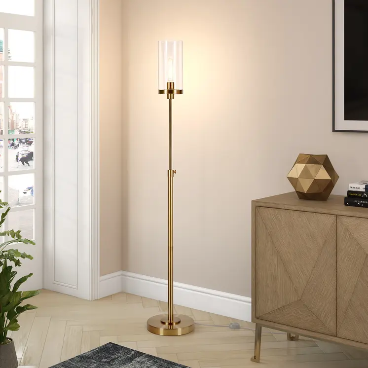 66" Brass Adjustable Torchiere Floor Lamp With Clear Glass Cylinder Shade