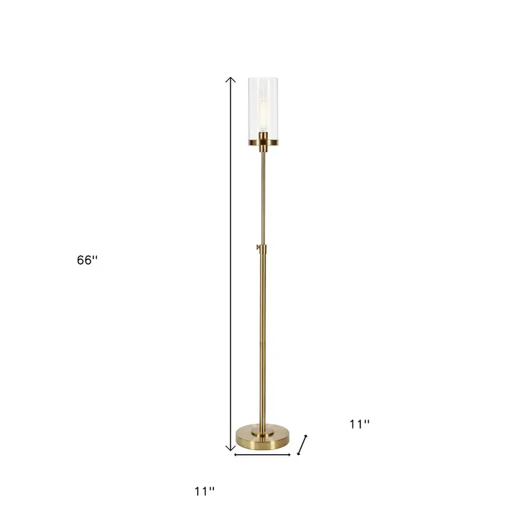 66" Brass Adjustable Torchiere Floor Lamp With Clear Glass Cylinder Shade