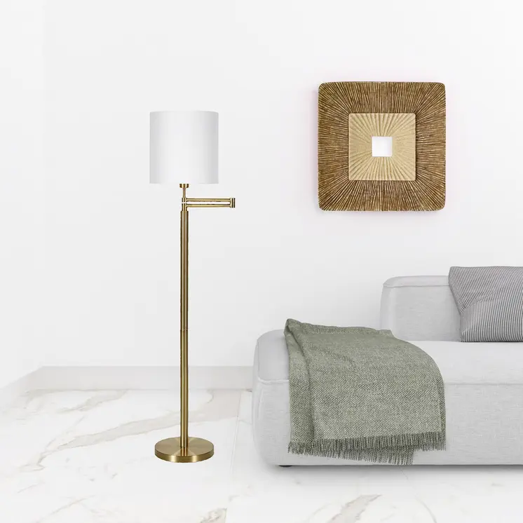 62" Brass Swing Arm Floor Lamp With White Frosted Glass Drum Shade