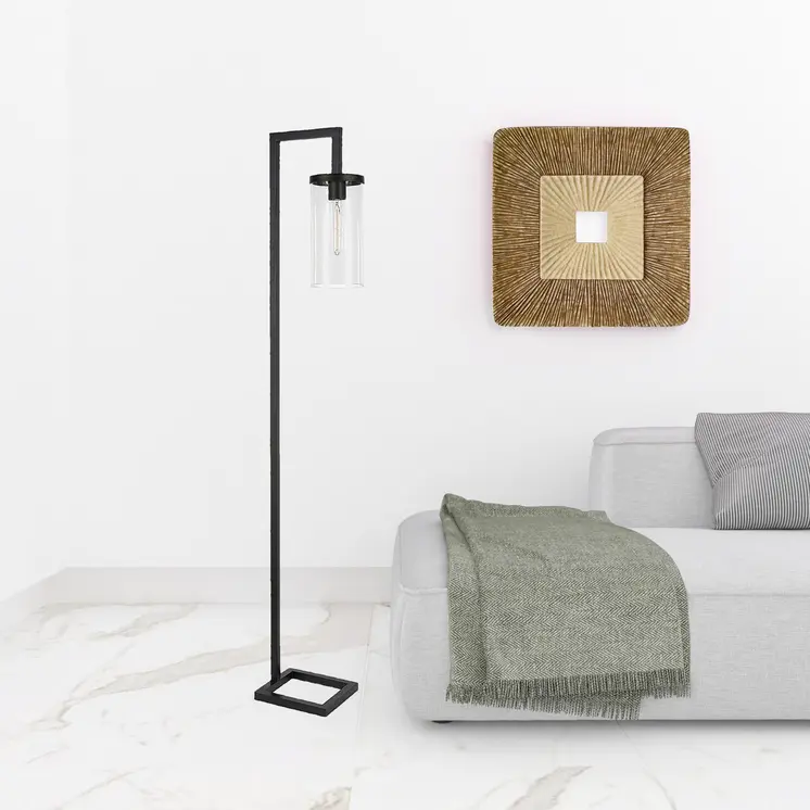 67" Black Reading Floor Lamp With Clear Transparent Glass Drum Shade