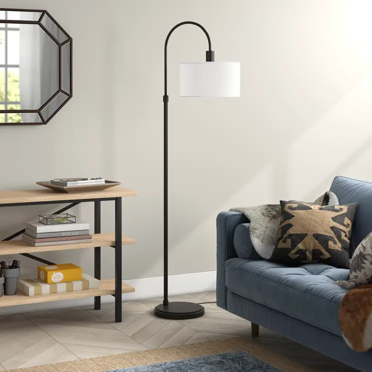 70" Black Arched Floor Lamp With White Frosted Glass Drum Shade