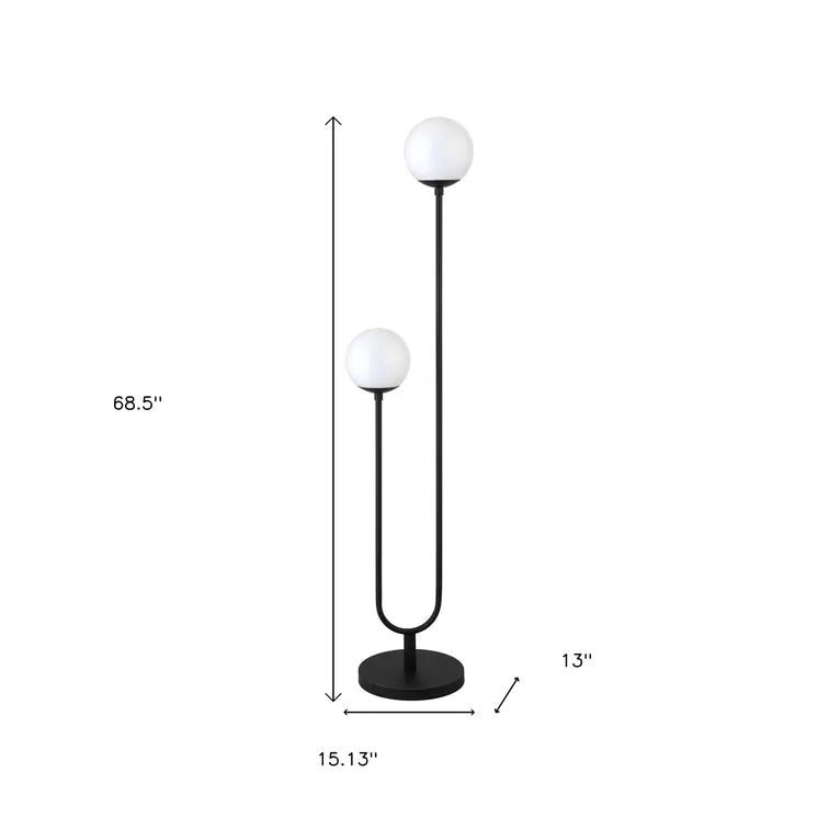 69" Black Two Light Novelty Floor Lamp With White Frosted Glass Globe Shade