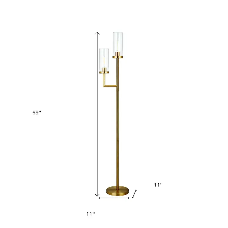 69" Brass Two Light Torchiere Floor Lamp With Clear Transparent Glass Drum Shade
