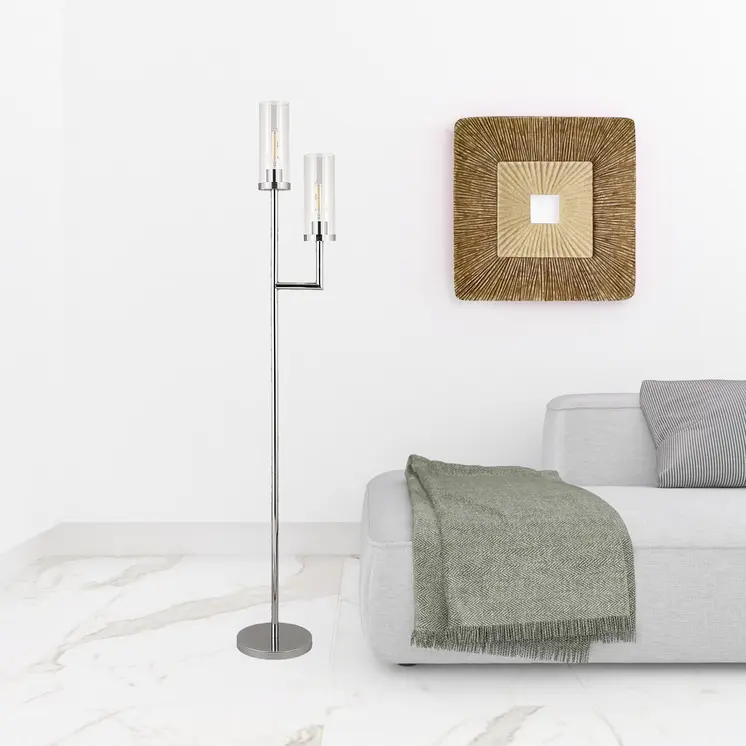 69" Nickel Two Light Torchiere Floor Lamp With Clear Transparent Glass Drum Shade