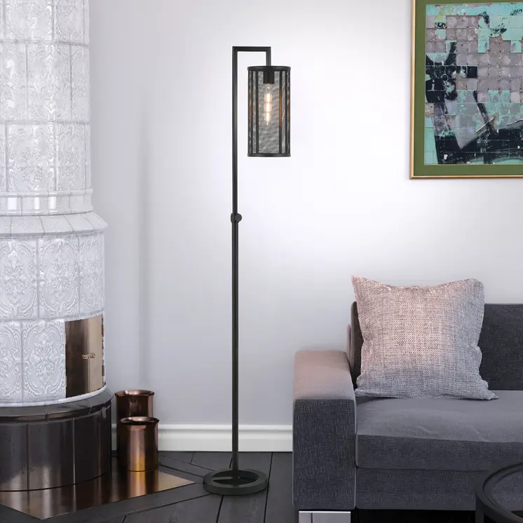 69" Black Floor Lamp With Black Mesh Metal Cylinder Shade
