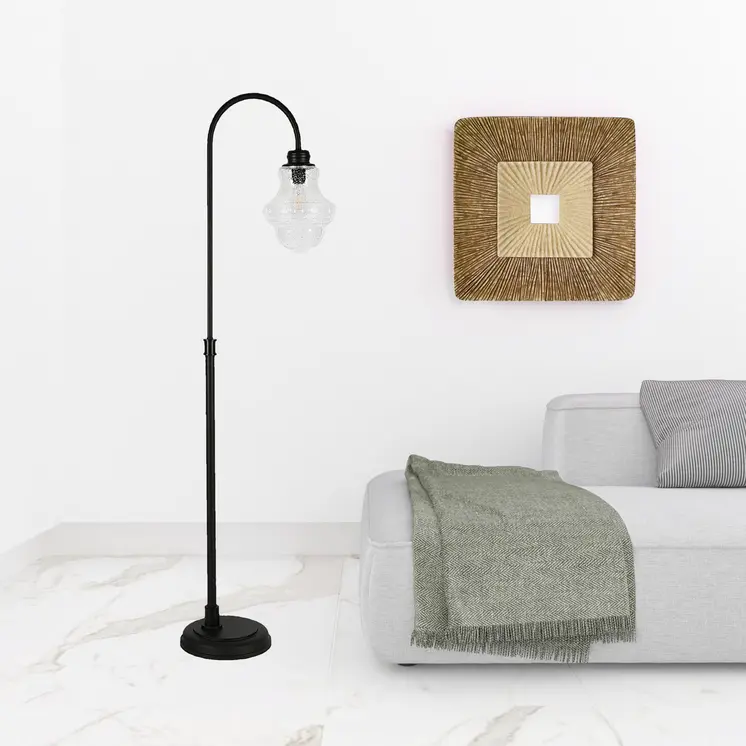 70" Black Arched Floor Lamp With Clear Seeded Glass Empire Shade