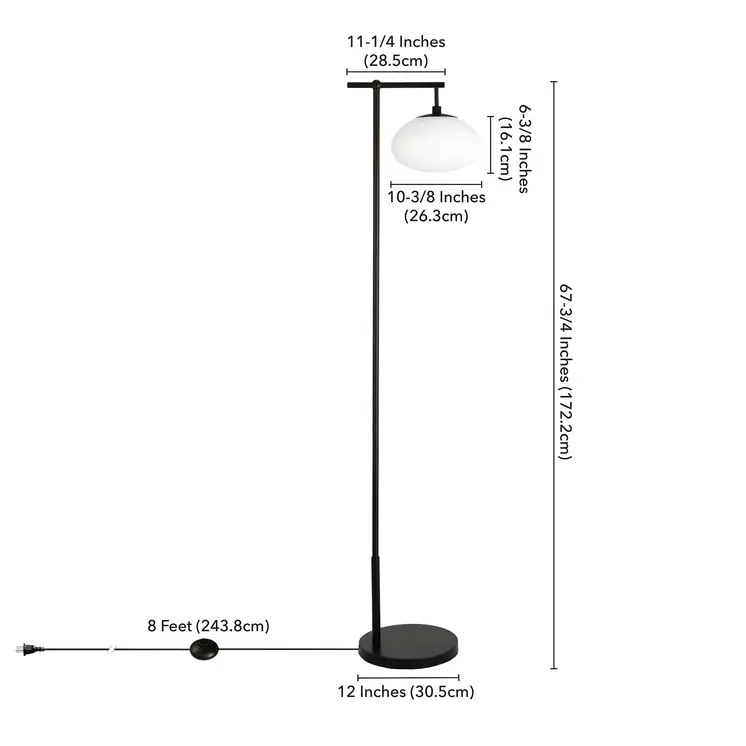 68" Black And White Reading Floor Lamp With White Glass Globe Shade