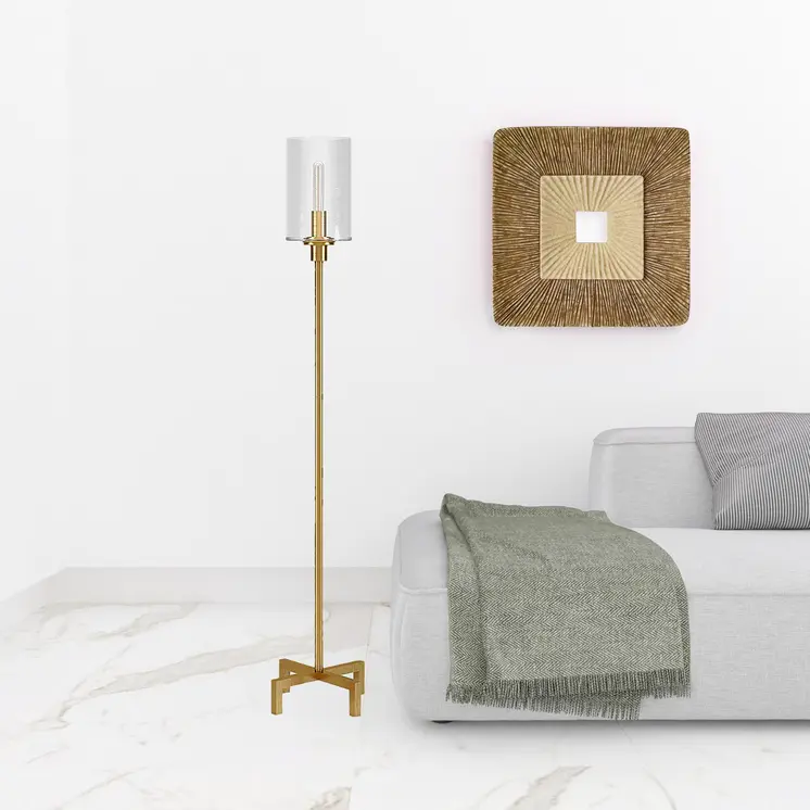 66" Brass Torchiere Floor Lamp With Clear Transparent Glass Drum Shade
