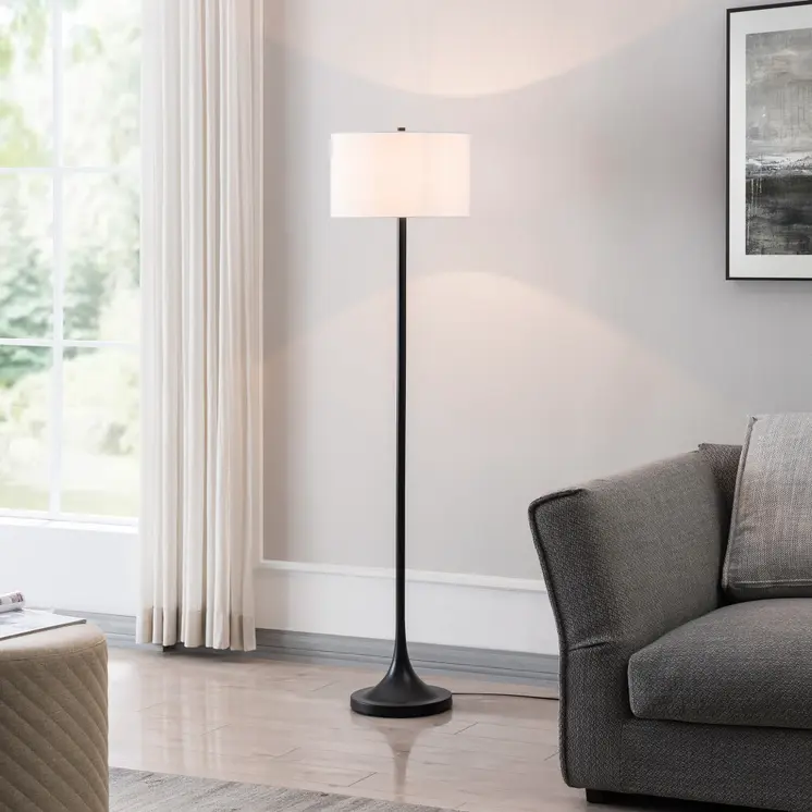 62" Black Floor Lamp With White Fabric Drum Shade