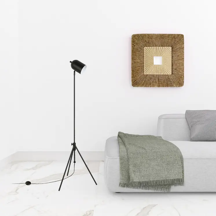 56" Black Adjustable Tripod Floor Lamp With Black Metal Cylinder Shade