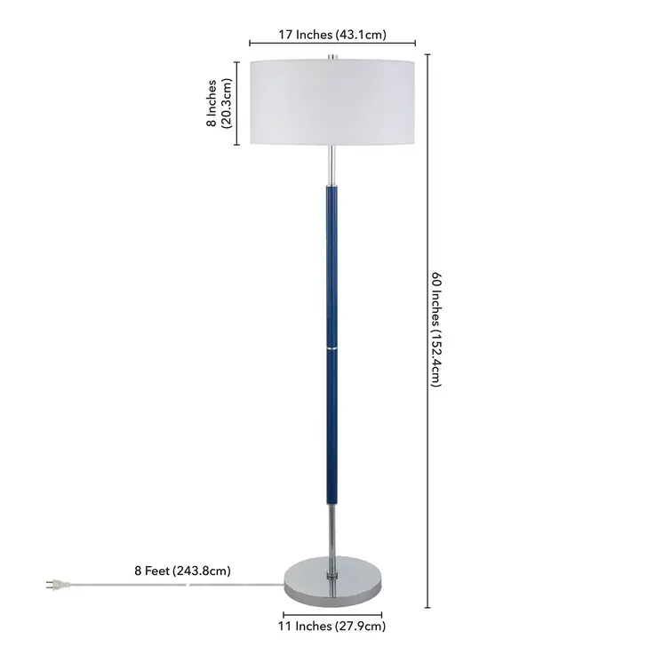 61" Blue Two Light Floor Lamp With White Frosted Glass Drum Shade