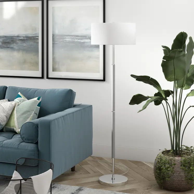 61" Nickel Two Light Floor Lamp With White Frosted Glass Drum Shade