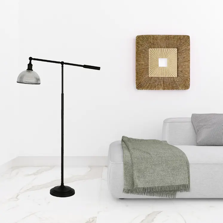 58" Black Swing Arm Floor Lamp With Clear Glass Dome Shade