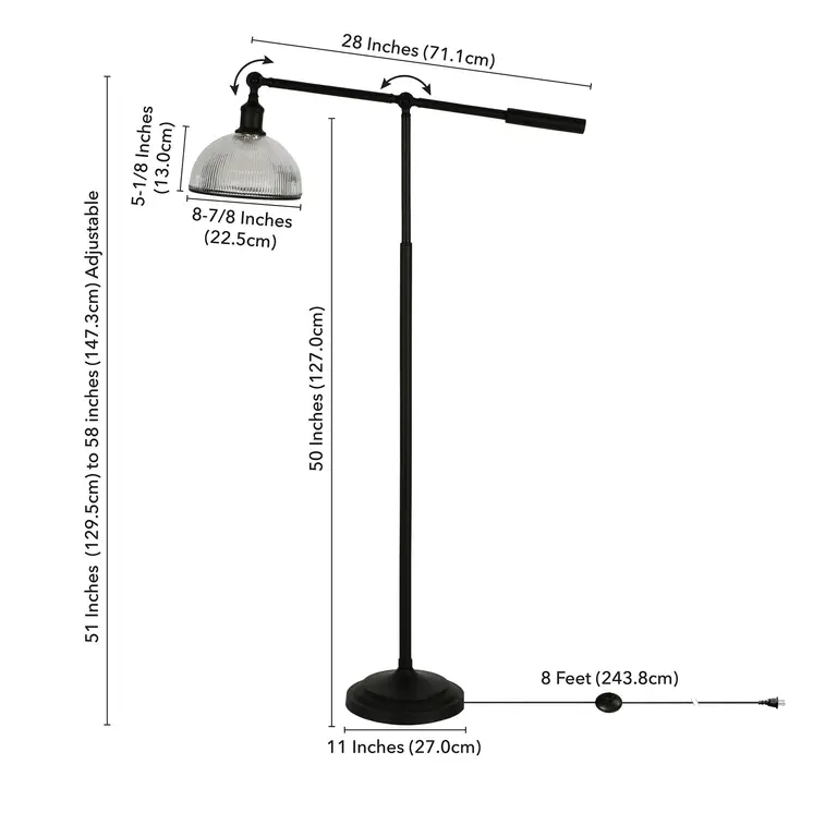 58" Black Swing Arm Floor Lamp With Clear Glass Dome Shade
