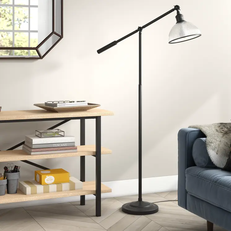 58" Black Swing Arm Floor Lamp With Clear Glass Dome Shade