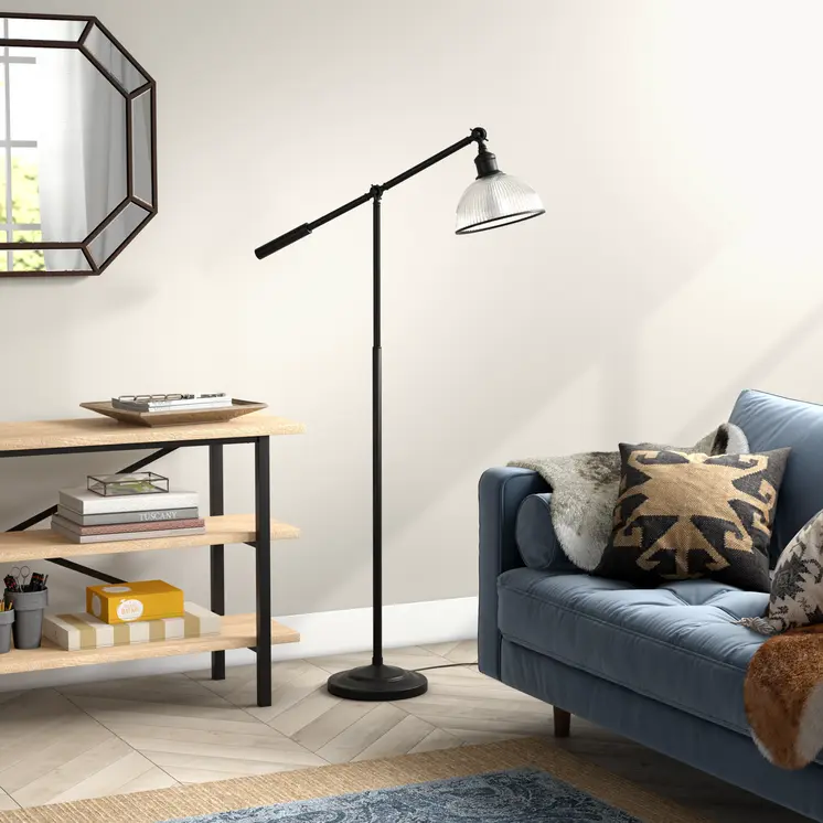 58" Black Swing Arm Floor Lamp With Clear Glass Dome Shade