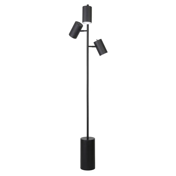 65" Black Three Light Tree Floor Lamp With Black Metal Drum Shade