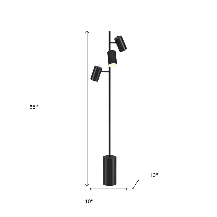 65" Black Three Light Tree Floor Lamp With Black Metal Drum Shade