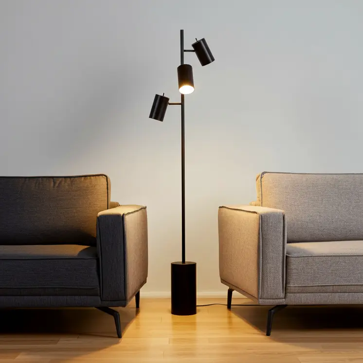 65" Black Three Light Tree Floor Lamp With Black Metal Drum Shade