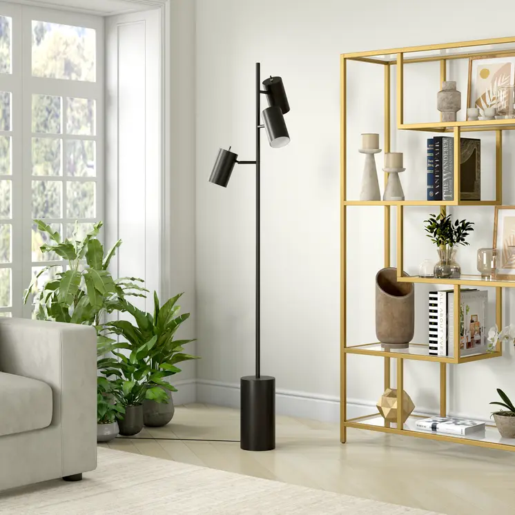 65" Black Three Light Tree Floor Lamp With Black Metal Drum Shade