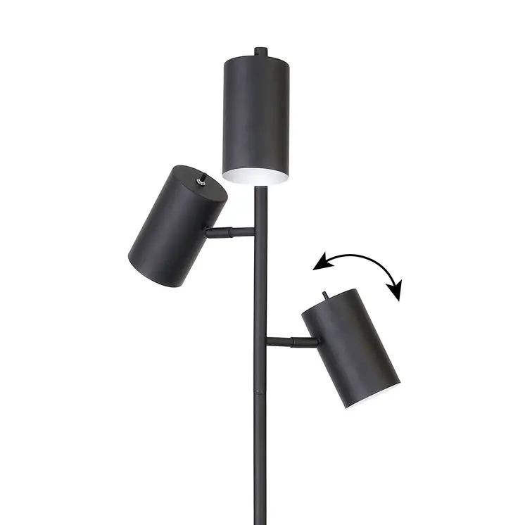65" Black Three Light Tree Floor Lamp With Black Metal Drum Shade