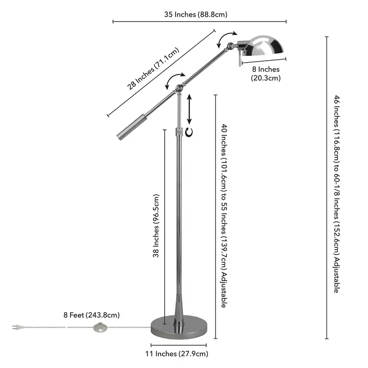 61" Nickel Adjustable Swing Arm Floor Lamp With Nickel No Pattern Cone Shade