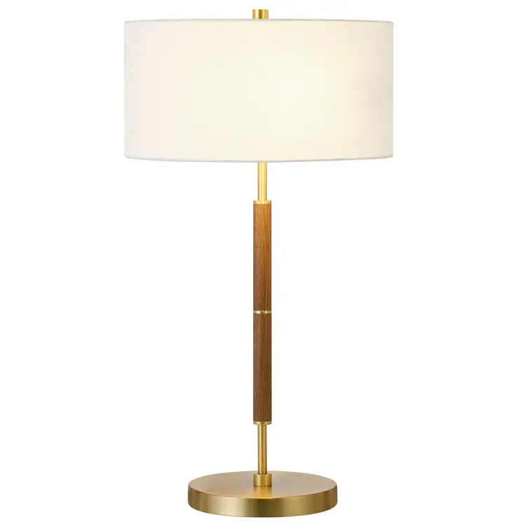 25" Gold and Oak Metal Two Light Table Lamp With White Drum Shade