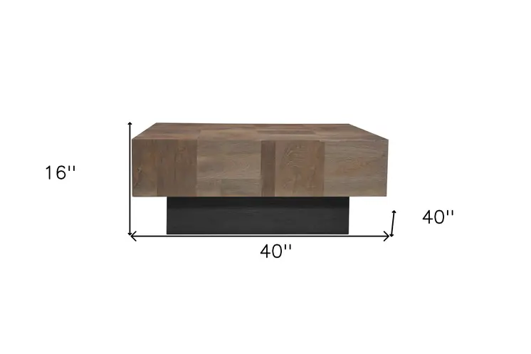 40" Dark Brown and Black Solid Wood Square Block Coffee Table