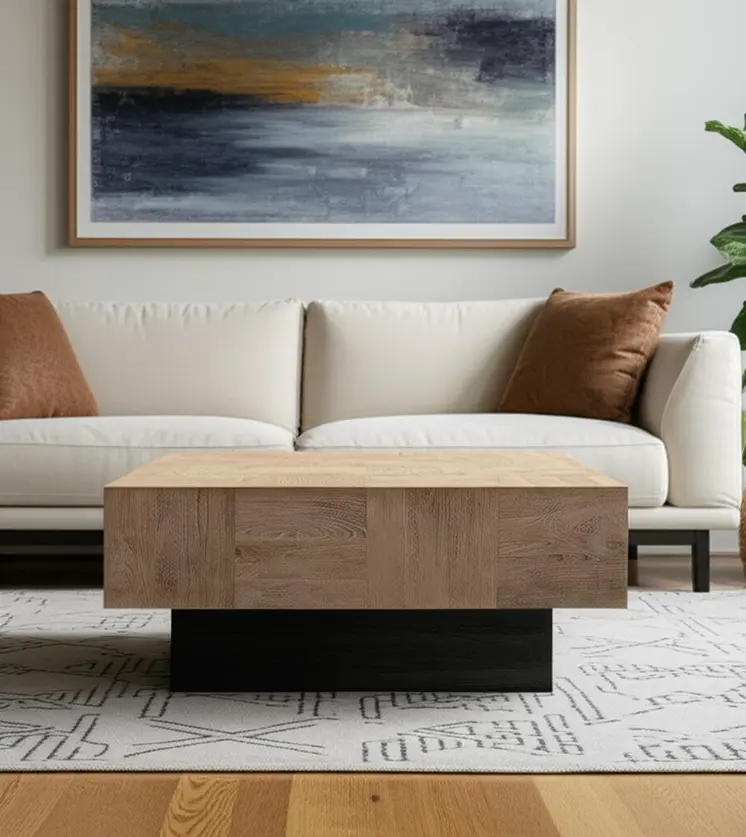 40" Brown and Black Solid Wood Square Block Coffee Table