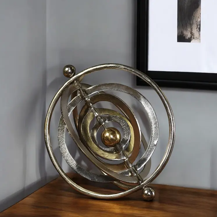 6" Brass And Silver Metal Decorative Orb Tabletop Sculpture
