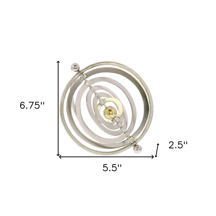 6" Brass And Silver Metal Decorative Orb Tabletop Sculpture