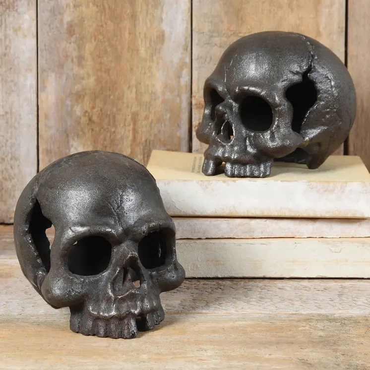 5" Dark Gray Cast Iron Decorative Skull Tabletop Sculpture