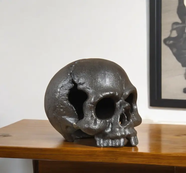 5" Dark Gray Cast Iron Decorative Skull Tabletop Sculpture