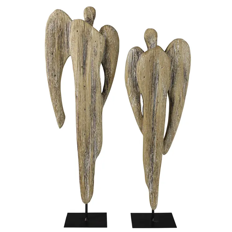 Set of Two Natural Solid Wood Angel Christmas Tabletop Sculpture