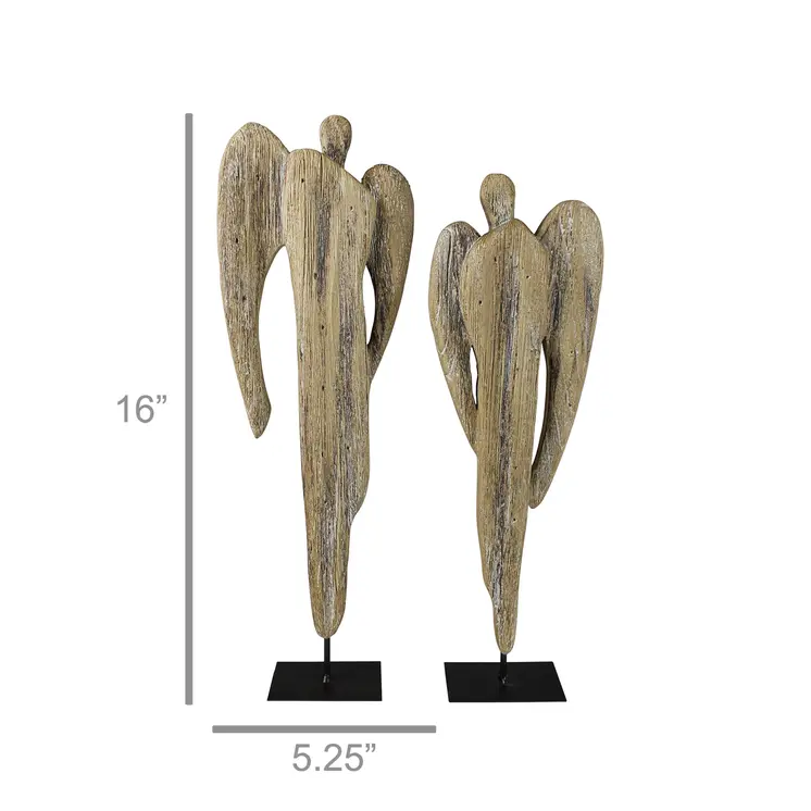 Set of Two Natural Solid Wood Angel Christmas Tabletop Sculpture