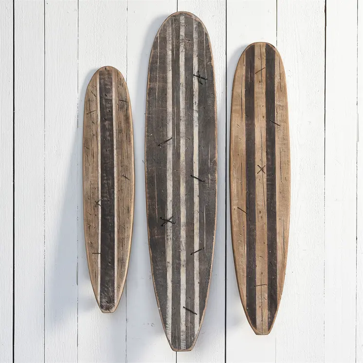 Set of Three Brown Black And Natural Distressed Solid Wood Surfboard Hanging Dimensional Sculptures