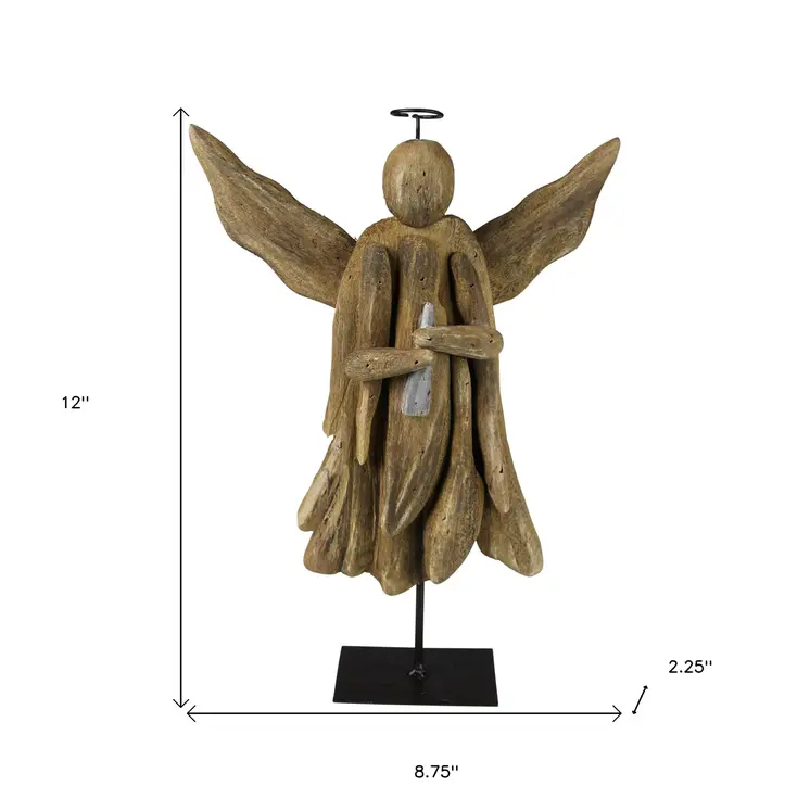 12" Natural Solid Wood Angel Christmas Tabletop Sculpture