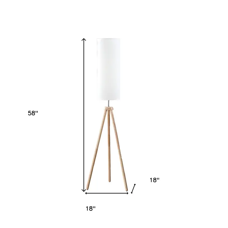58" Natural Wood Look Tripod Floor Lamp With White Shade