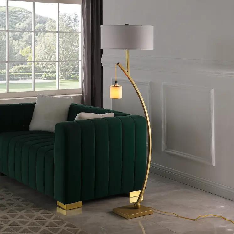 59" Gold And White Arc Floor Lamp With White Fabric Drum Shade