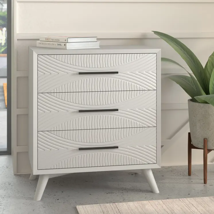 34" White Carved Geometric Solid Wood Three Drawer Dresser