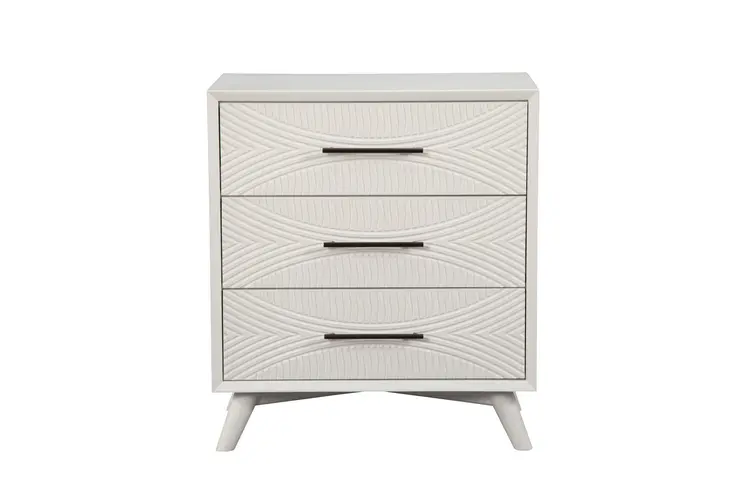 34" White Carved Geometric Solid Wood Three Drawer Dresser