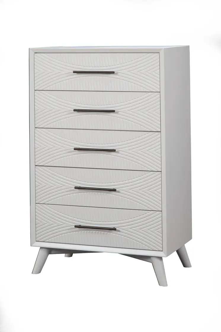 34" White Carved Geometric Solid Wood Five Drawer Dresser