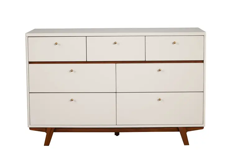 56" Brown and White Solid Wood Seven Drawer Double Dresser