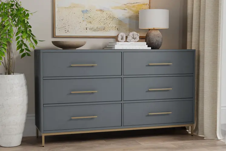 63" Dark Gray Solid Wood Six Drawer Double Dresser