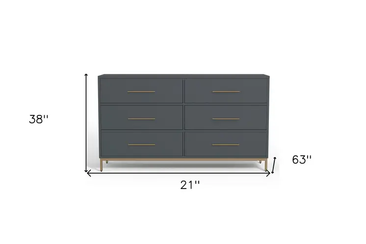 63" Dark Gray Solid Wood Six Drawer Double Dresser