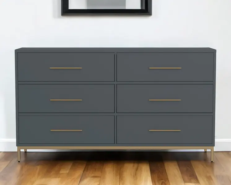 63" Dark Gray Solid Wood Six Drawer Double Dresser